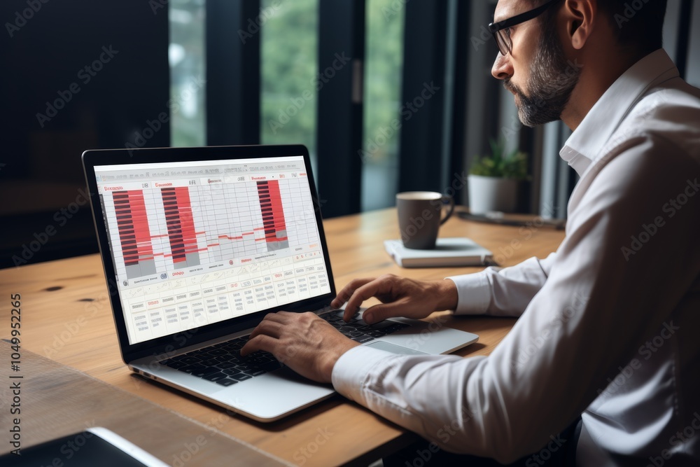 Poster a project manager focuses on updating tasks and milestones on a laptop, utilizing a gantt chart inte