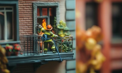 Naklejka premium Firefighter battling flames in miniature building.