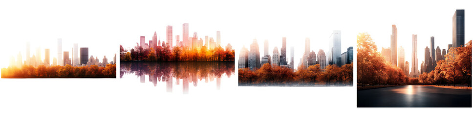 Obraz premium The vibrant hues of autumn foliage contrast with the fading daylight as the skyline reflects beautifully on the calm lake, enhancing the tranquil atmosphere of the scene isolated PNG isolated PNG