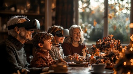 Obraz premium A family gathered around a table, watching a virtual reality holiday parade. The grandkids help their grandparents with the VR gear, allowing everyone to enjoy the immersive experience from 