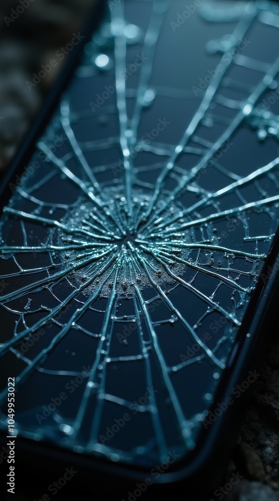 Poster smartphone with cracked screen in a spiderweb pattern, emphasizing damage and fragility