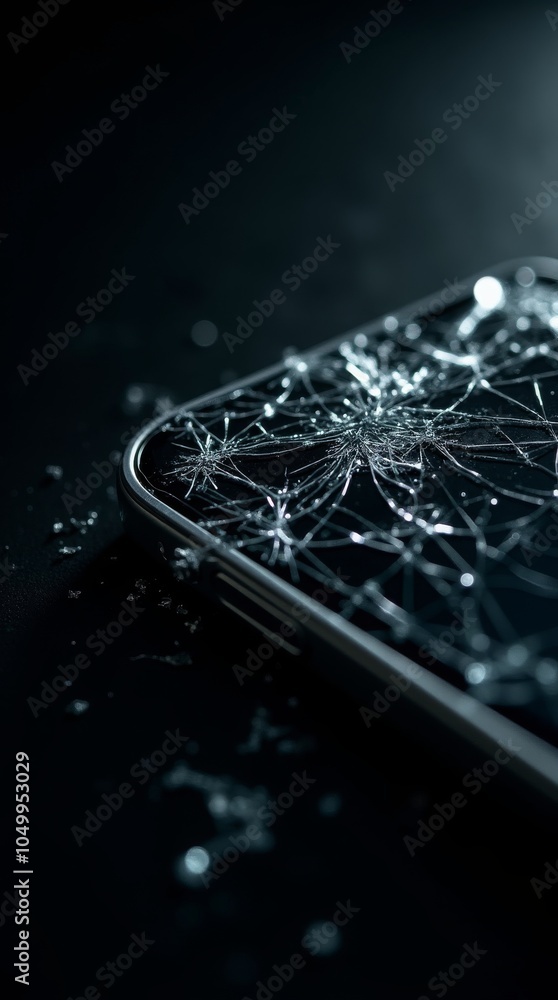 Poster smartphone with shattered corner screen, emphasizing damage and fragility in a dark setting