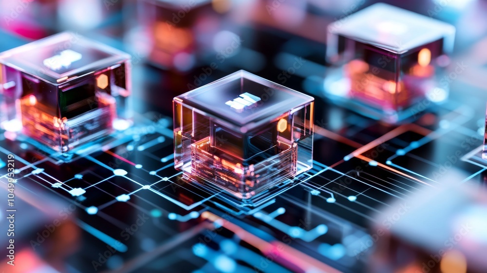 Poster exploring the future of quantum computing through transparent cubes and circuitry patterns