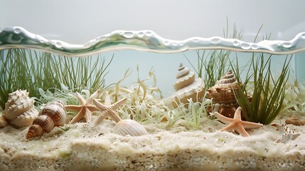 Explore the peacefulness of a coastal tide pool through a beautifully designed aquascape featuring a sandy bottom patches of seagrass and a stunning variety of shells and starfish