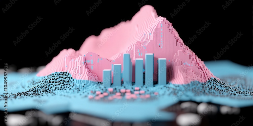 Poster abstract 3d data visualization with pink and blue glowing bars and lines