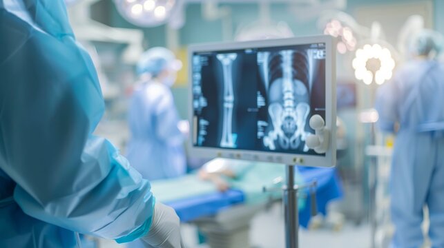 A detailed view of an orthopedic surgeon examining an X-ray image of a patient‘s bone with focus on the X-ray screen and surgical tools, set against a clean, well-organized operating room