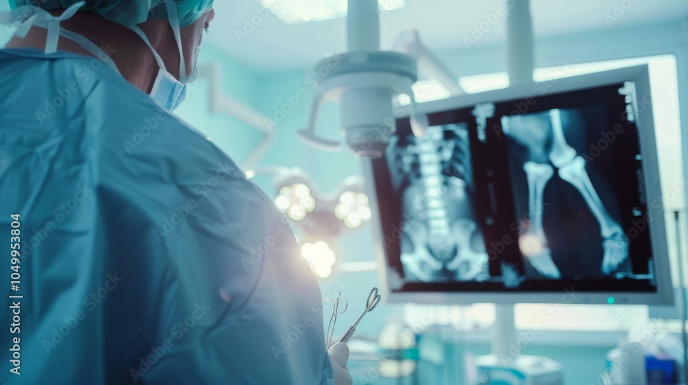 Aufkleber A detailed view of an orthopedic surgeon examining an X-ray image of a patient��s bone with focus on the X-ray screen and surgical tools, set against a clean, well-organized operating room