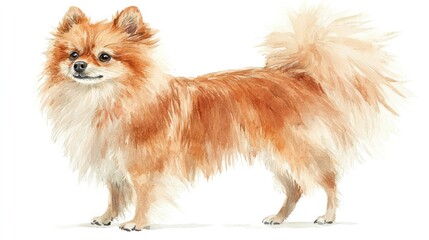 Obraz premium A charming watercolor artwork of a Pomeranian dog standing alertly, painted in soft earth tones with fluffy, well-detailed fur and cute expression. White background emphasizes the dog adorable shape