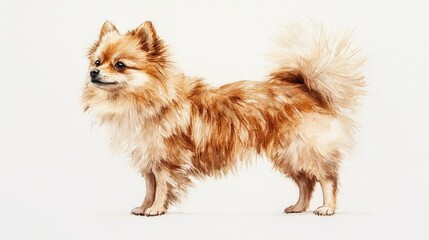 Obraz premium A charming watercolor artwork of a Pomeranian dog standing alertly, painted in soft earth tones with fluffy, well-detailed fur and cute expression. White background emphasizes the dog adorable shape
