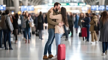 Fototapeta premium Romantic Couple Embracing in Busy Airport Terminal