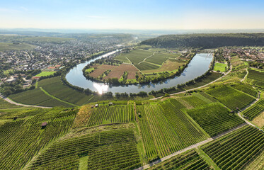 panoramic aerial view of the river loop in the  Neckar Valley  with its famous steep vineyards next to Mundelsheim and Hessigheim in Baden-Wuerttemberg , Germany