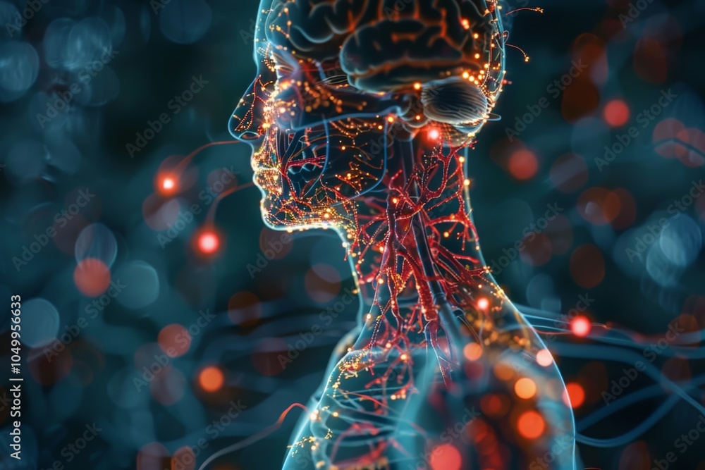 Poster a conceptual digital art depiction of the human nervous system. it shows intricate neural pathways w
