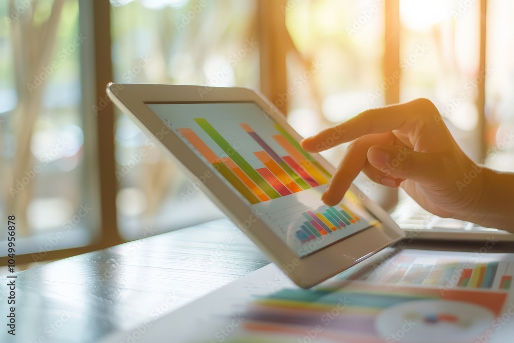 Poster a hand interacts with a digital tablet displaying colorful data charts and graphs under soft morning