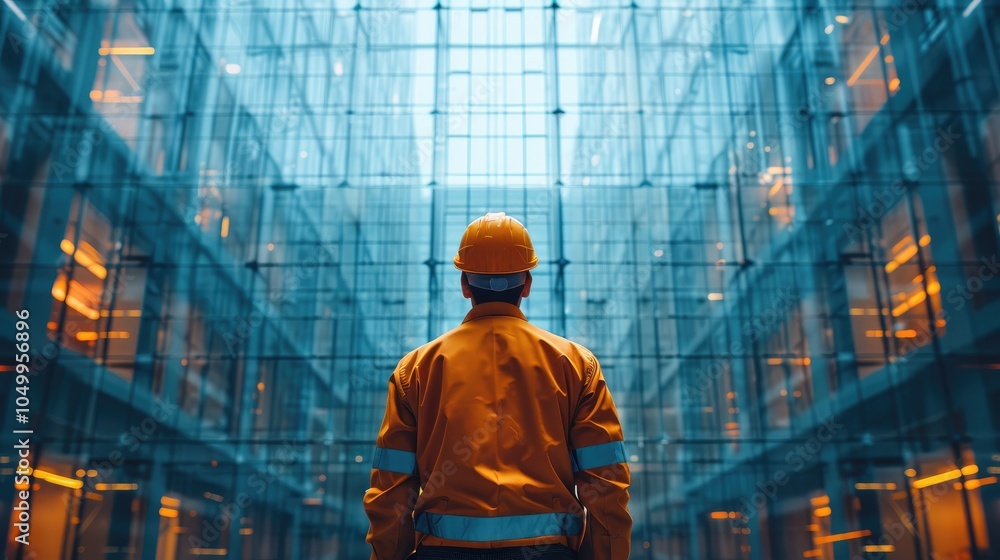 Aufkleber engineer stands in front of the fiber optic floor-to-ceiling glass of the building.