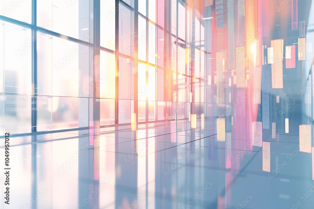 Poster abstract reflections of light and color bounce off the sleek glass walls of a modern building, creat