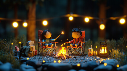 Obraz premium A detailed 3D rendering of a miniature man and woman sitting on folding chairs, each with a laptop, creating an outdoor workspace ambiance. Generative AI