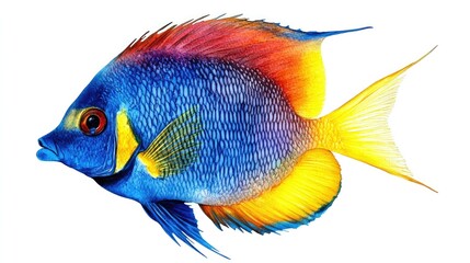 Fototapeta premium A colorful watercolor image of a tropical fish in bright shades of blue, yellow, and red, painted with fine details and isolated on a white background for a vibrant look
