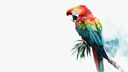 Fototapeta premium A colorful watercolor painting of a tropical parrot perched on a branch, its feathers showcasing a vibrant mix of greens, blues, and reds with delicate brush strokes.