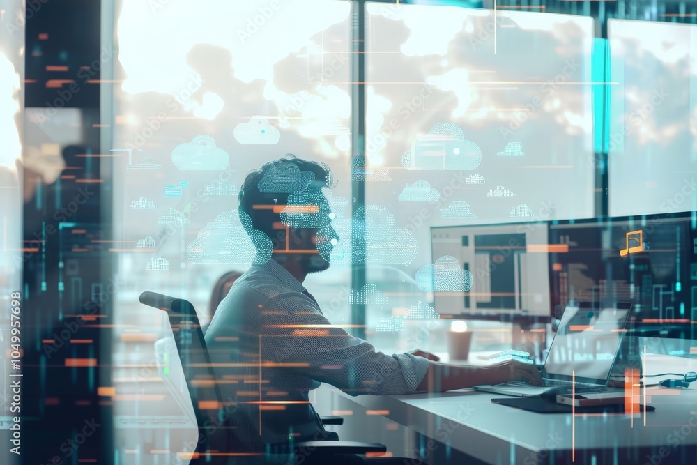 Poster a person at a desk is using a computer, surrounded by digital cloud and data graphics, representing 