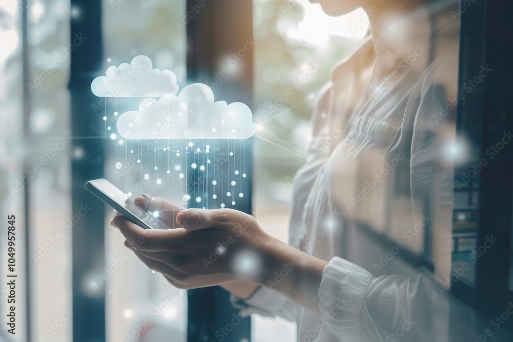 Poster a person holds a smartphone with a 3d cloud technology hologram overlay, showcasing the integration 