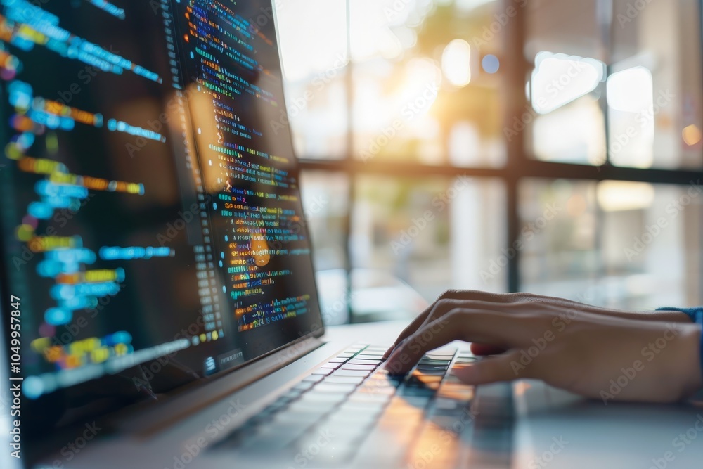 Poster hands are actively coding on a laptop with brightly colored code reflecting on the screen, symbolizi