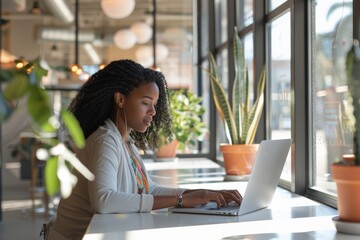 In a modern cafe filled with natural light and greenery, a focused woman wearing headphones uses a laptop, symbolizing the blend of technology and relaxation in today's lifestyle.