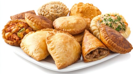 A variety of savory pastries arranged on a plate, showcasing different fillings and textures.