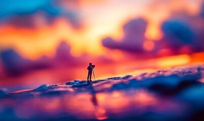 Fototapeta premium Silhouette of photographer against colorful sunset.