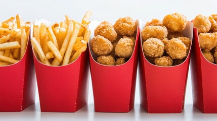 A display of fries and chicken nuggets in red containers, ideal for fast food meals.