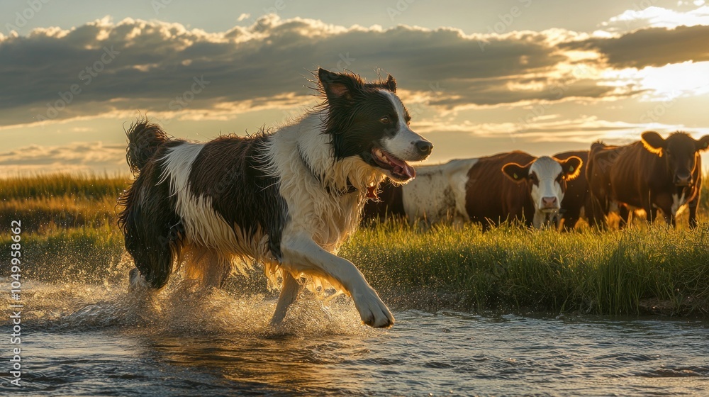 Poster a border collie runs through a shallow stream towards a herd of cows at sunset.
