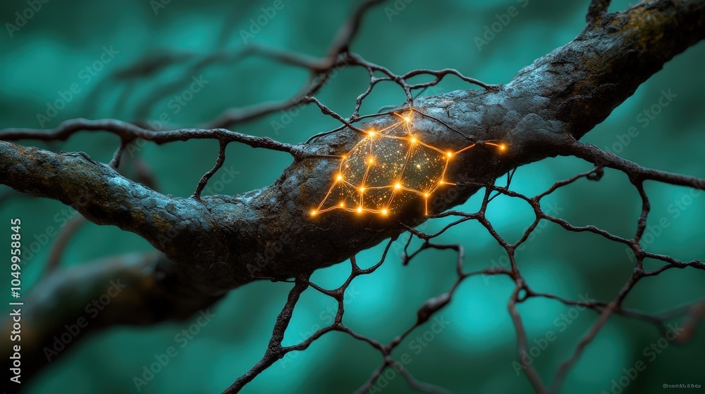 Poster abstract data network visualization on branch with glowing nodes