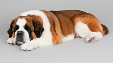 Adorable Saint Bernard Dog Sleeping on Grey Background