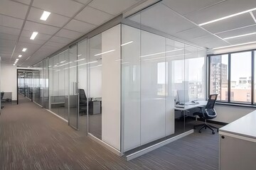 Modern office with white and glass walls, creating a bright, open ambiance. Organized desks and chairs boost productivity and collaboration.