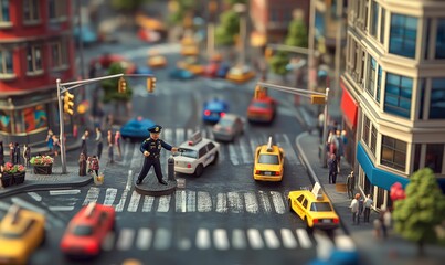 Fototapeta premium Miniature city scene with police officer directing traffic.