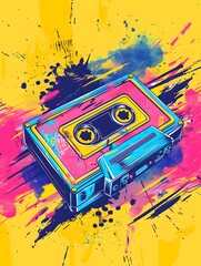 A colorful illustration of a retro cassette tape.