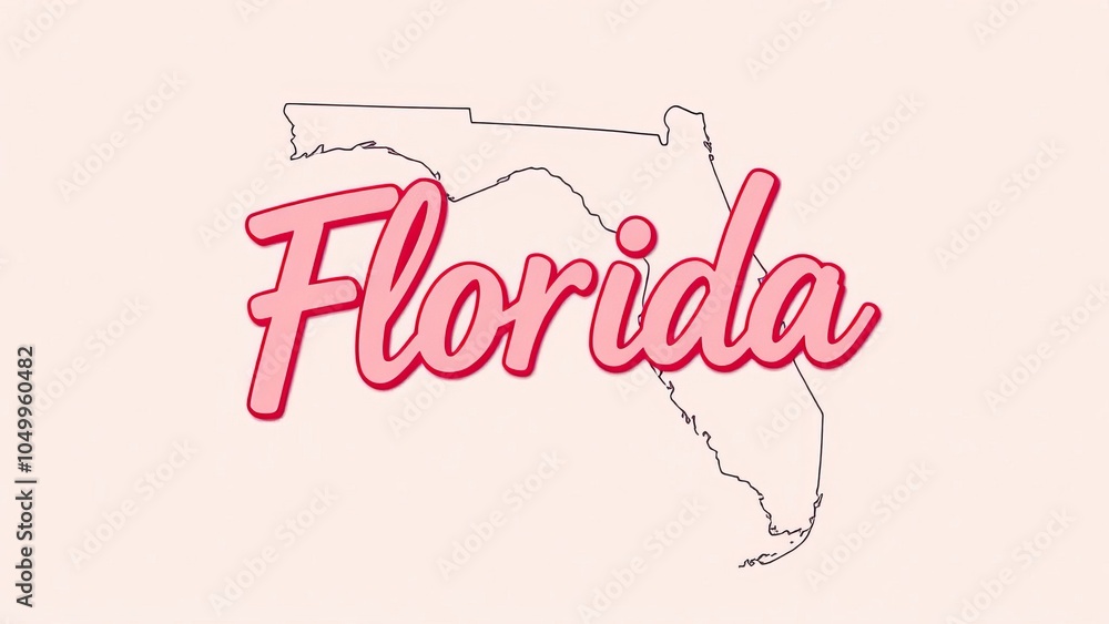 Poster minimalist florida outline with stylish pink script text overlay on a neutral background