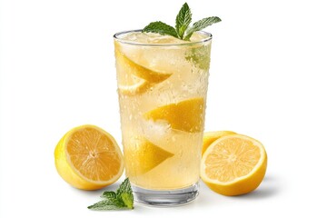 Fototapeta premium A tall glass of lemonade with ice and lemon slices garnished with fresh mint