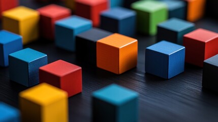 Obraz premium A colorful arrangement of wooden cubes scattered on a surface, ideal for educational play.