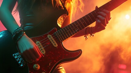 Fototapeta premium A guitarist performing on stage with vibrant lighting and a focus on their hands and guitar.