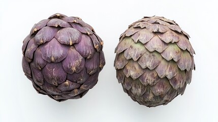 Obraz premium Two artichokes displayed side by side on a white background.