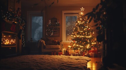 Magical Christmas Scene with Glowing Lights and Ornaments