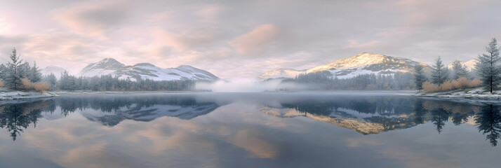 Obraz premium Serene lake with mountain reflection, autumn foliage, tranquil misty landscape
