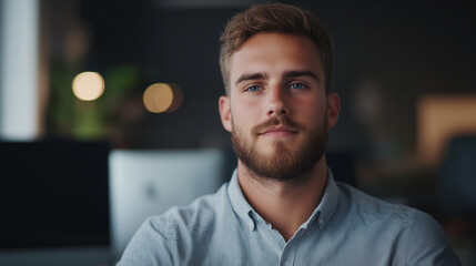 Obraz premium confident young man with beard and blue eyes is seated in modern office environment, exuding calm and professional demeanor. background features blurred computer screens, enhancing focus on him.