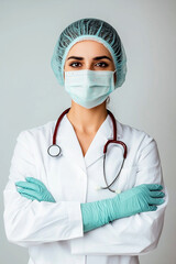 A woman in a white lab coat and a blue cap with a stethoscope on her head