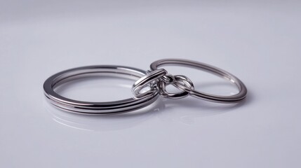Two interlinked silver rings resting on a smooth surface, symbolizing connection and unity.