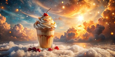 Fototapeta premium Whipped Cream and Caramel Dessert Under a Dramatic Sunset Sky With Sparkling Stars and Clouds