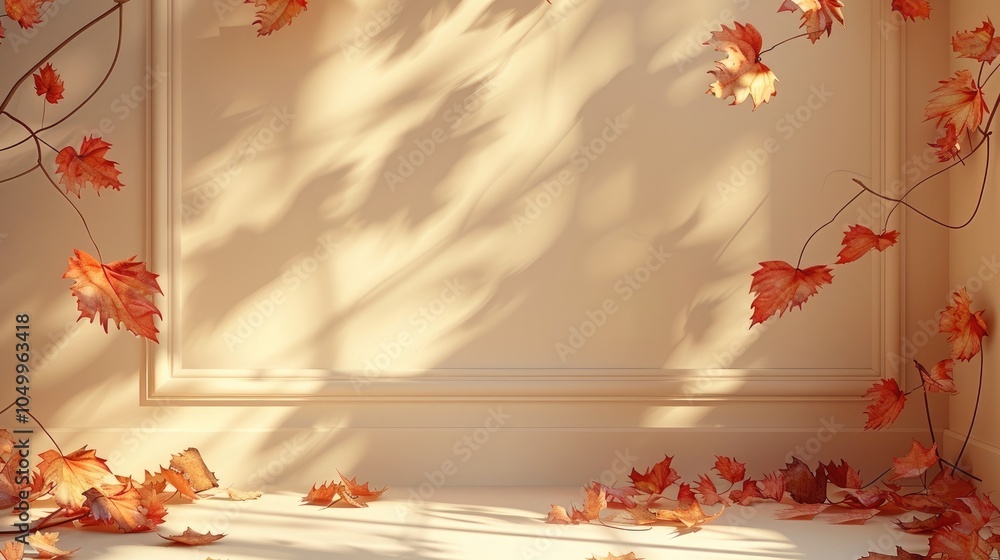 Poster autumn background, studio background display with shadow autumn leaves overlay on beige floor room, 