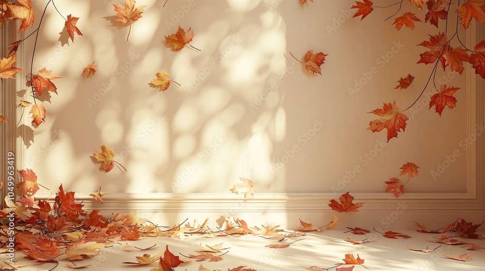 Poster autumn background, studio background display with shadow autumn leaves overlay on beige floor room, 