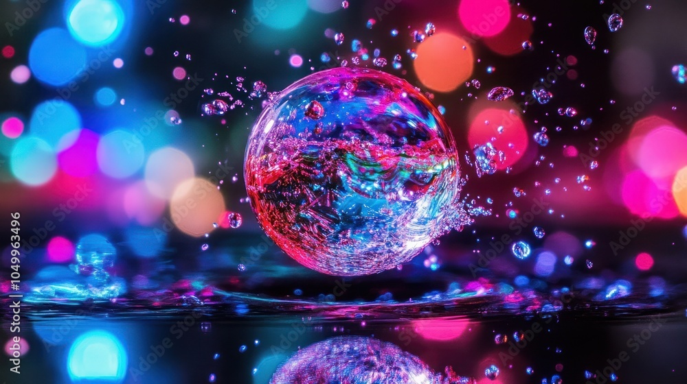 Poster a water drop splashes in a pool of water creating a sphere shape with a colorful bokeh background.