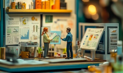 Fototapeta premium Miniature people discussing business charts.